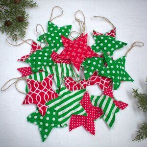 Handmade Fabric Christmas Star Ornaments: Rustic Farmhouse Decor, Set of 6